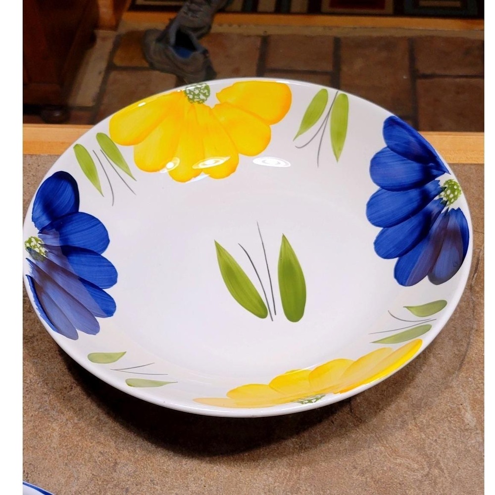 Maxam Italy Italian Daisy Ceramic Serving Bowl Hand Painted Floral Blue Yellow - Picture 2 of 7